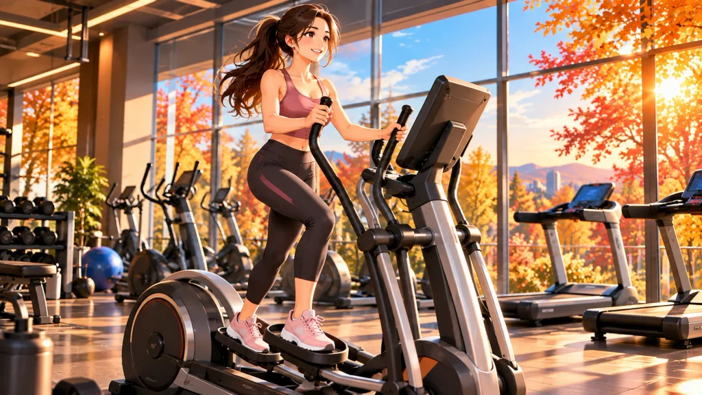 Anime-style beginner using an elliptical machine for a low-impact cardio workout.
