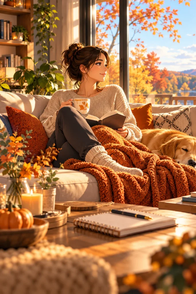 American adult enjoying a slow fall weekend with a book, tea and cozy home setting