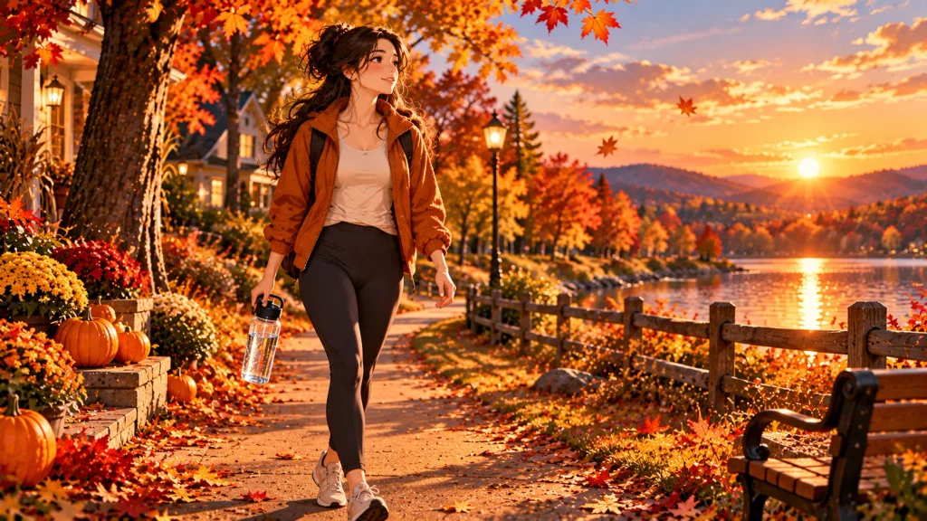 Anime-style woman carrying a reusable water bottle on a peaceful autumn park walk at sunset.