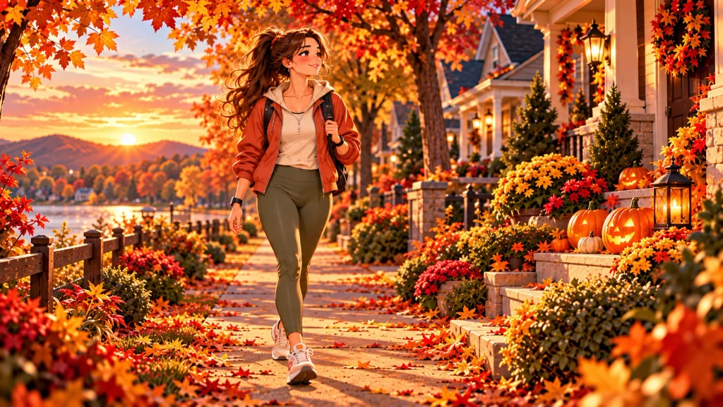 Anime-style autumn walking scene with golden foliage and tasteful Halloween decorations in an American neighborhood.