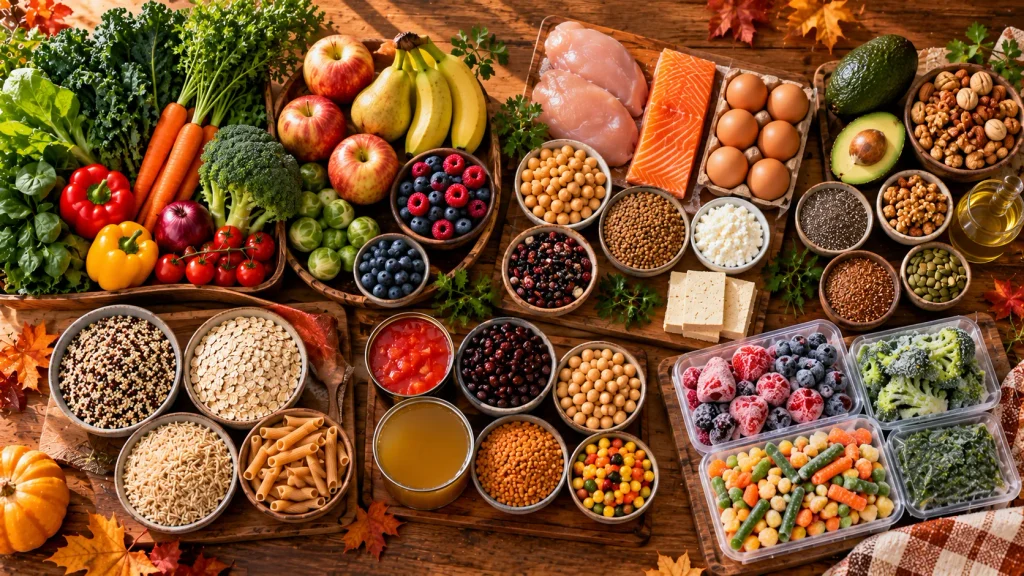 Healthy fall grocery formula featuring vegetables, fruit, protein, whole grains, healthy fats, pantry foods, and freezer staples.