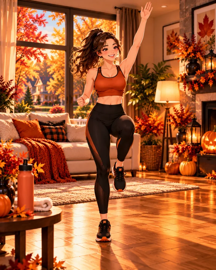 Woman marching in place with alternating arm reaches during an at-home Halloween workout.