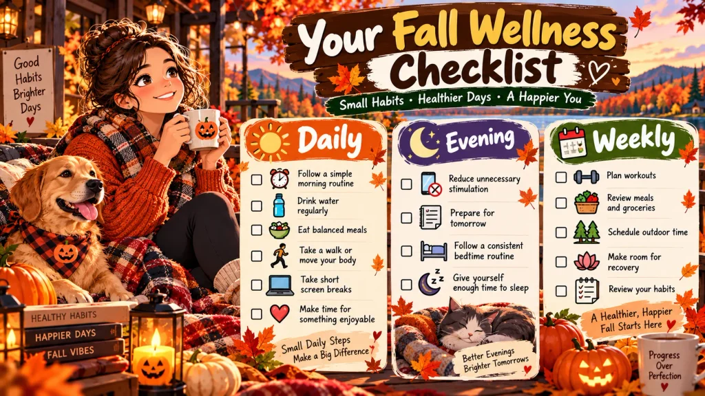 Fall wellness checklist flat lay with water bottle, healthy food, planner, walking shoes, and autumn leaves.