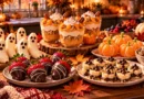 Healthy Halloween dessert platter with banana ghosts, chocolate-dipped strawberries, pumpkin yogurt parfaits, fresh fruit, and homemade oat bites.