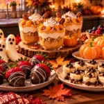 Healthy Halloween dessert platter with banana ghosts, chocolate-dipped strawberries, pumpkin yogurt parfaits, fresh fruit, and homemade oat bites.