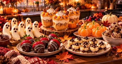 Healthy Halloween dessert platter with banana ghosts, chocolate-dipped strawberries, pumpkin yogurt parfaits, fresh fruit, and homemade oat bites.