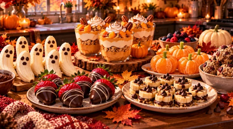 Healthy Halloween dessert platter with banana ghosts, chocolate-dipped strawberries, pumpkin yogurt parfaits, fresh fruit, and homemade oat bites.